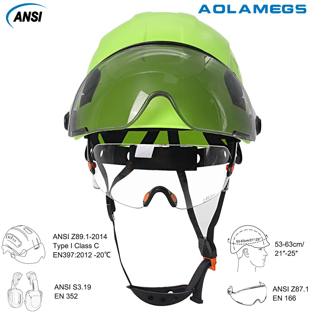 CE Construção Capacetes de Segurança com Óculos Duplos, Engenheiro Respirável ABS Work Cap, Proteção de Cabeça, ANSI Escalada Rescue Cap