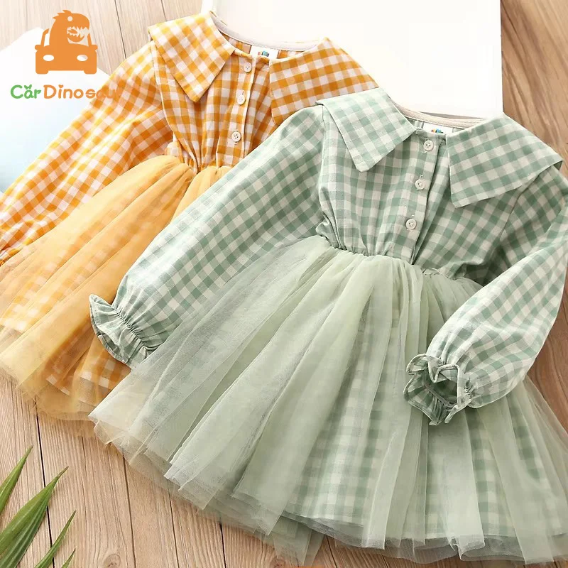 

New 2 3 4 6 8 10 Years Children Solid Color Long Sleeve Princess Plaid Lace Mesh Patchwork Kids Baby Girls Spring Autumn Dress