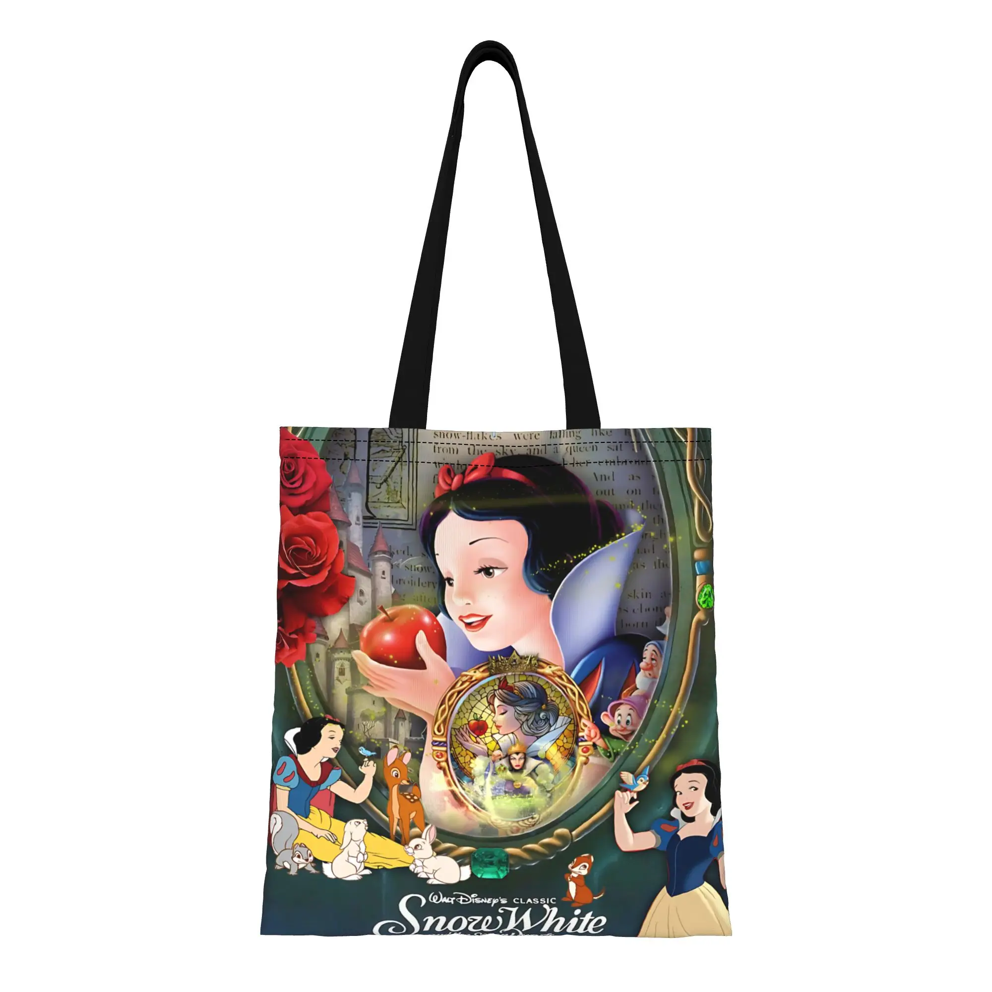 

Сумка-тоут из холщовой ткани с изображением принцессы Диснея Белоснежки и семи гномов, большая вместимость, складная, с шикарным узором, подарок на первый день учебы.