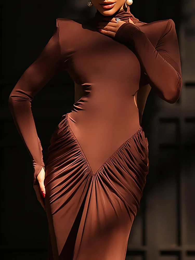 Autumn Long Sleeve Backless Slim Hips Dress Women Fashion Turtleneck Waist Draped Long Dress Spring Solid Hollow Boho Maxi Dress
