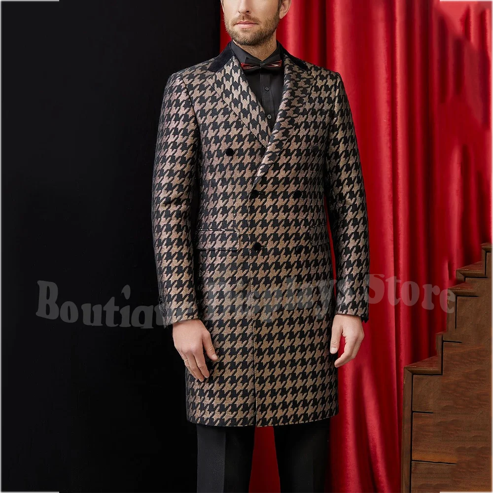 

Custom Made Houndstooth Suit For Men Slim Fit 2Pcs Double Breasted Exquisite Outfit Black Pants Banquet Party Prom Male Set