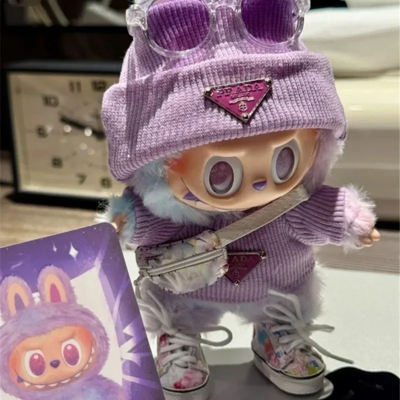 Pakaian Sweater Segitiga Terbalik Warna Solid Untuk Boneka Labubu Set Pakaian Mewah Klasik Kalung Mutiara Sepatu Kacamata