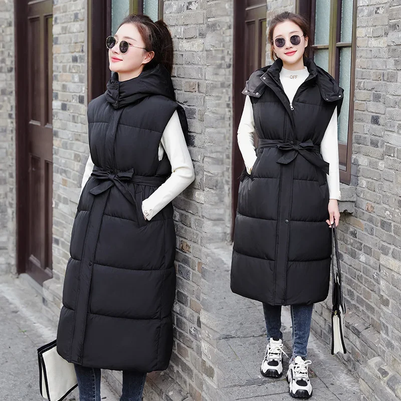 

2023 New Winter Ladies Sleeveless Waistcoats Women Solid Color Hooded Long Parkas Vest Warm Black Zipper Hooded Down Coat Parka