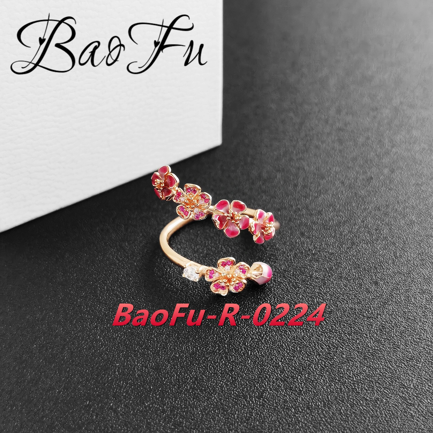 

BaoFu 925 Sterling Silver Ring Opening Adjustment Shiny Peach Blossom Ring Is Suitable for Original Banquet Female Jewelry