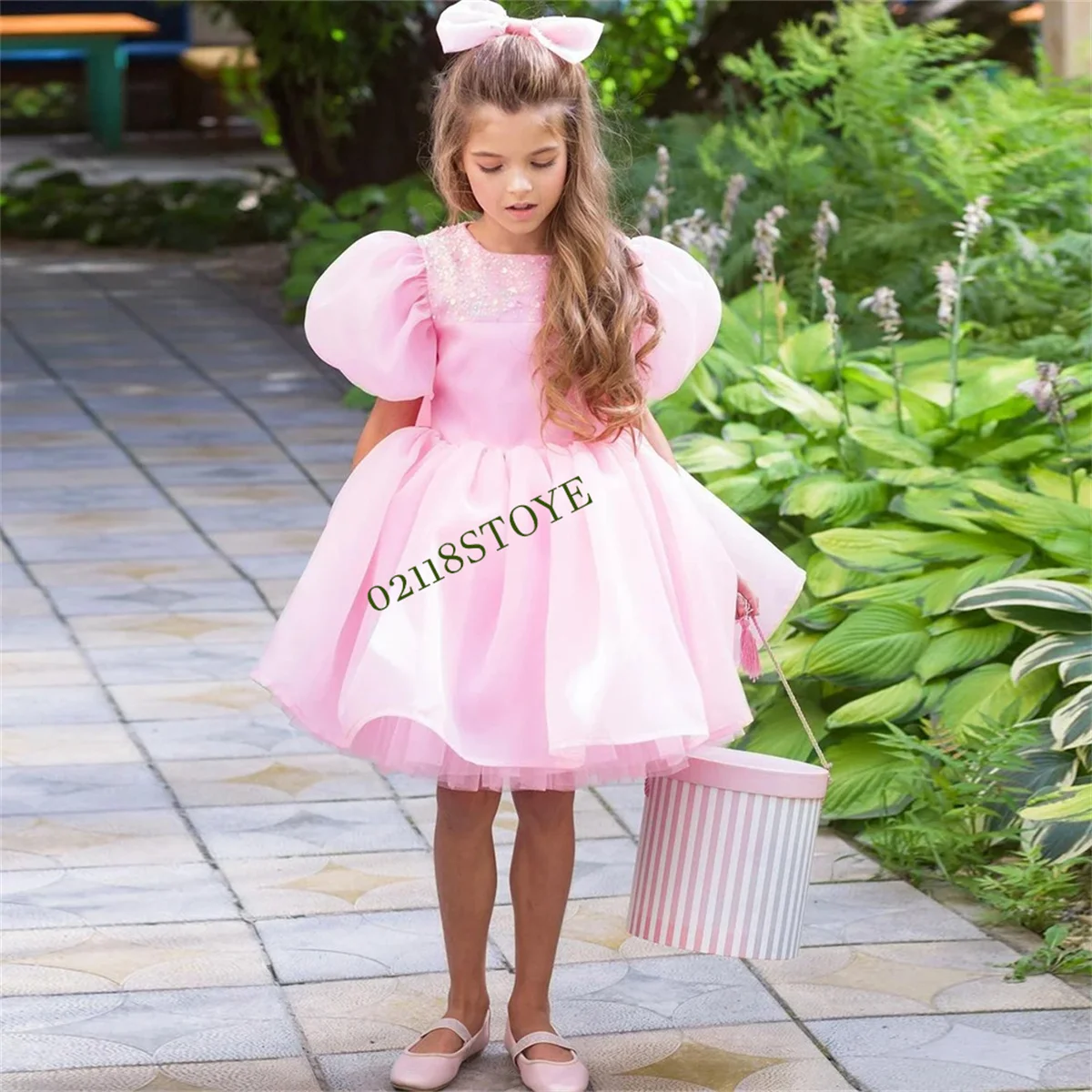 Pretty Pink Flower Girl Dress Princess Short Sleeves Beading Sequin O Neck Birthday Party Gown Custom First Communion Dresses