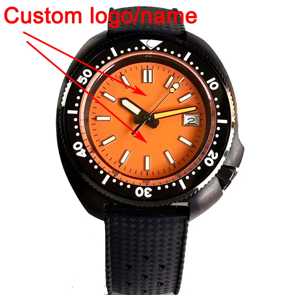 Aangepaste oranje wijzerplaat 44 mm schildpad gezandstraalde zwarte PVD kast NH35 uurwerk automatisch horloge heren 20ATM saffierglas 120 klikken