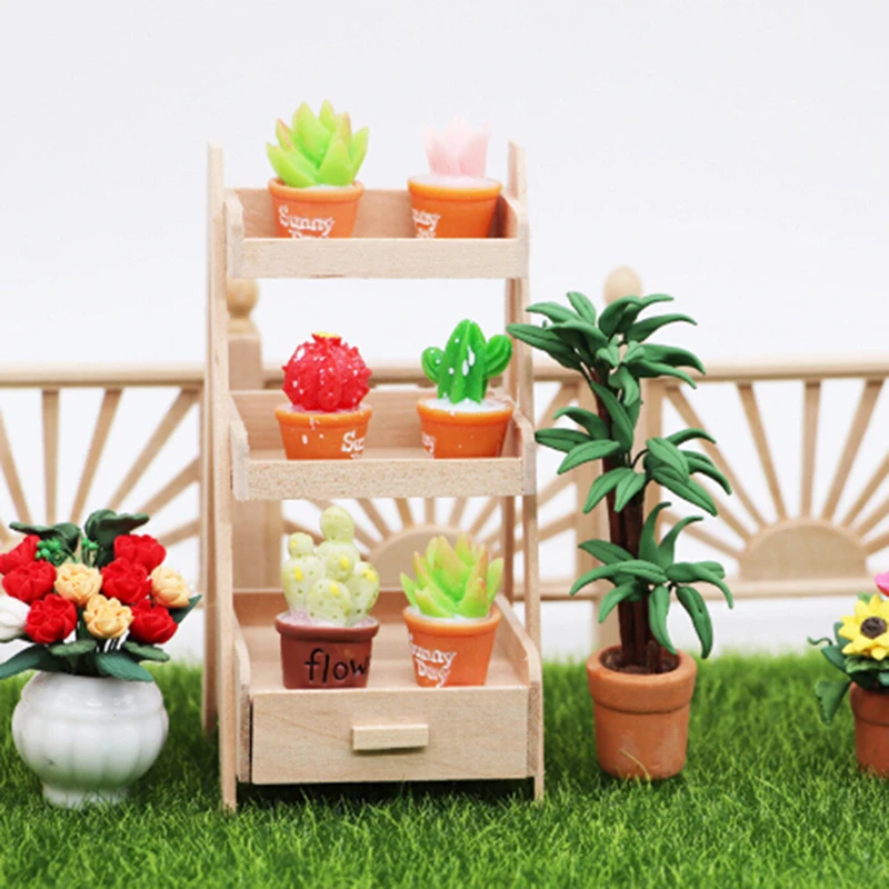 1Pcs Dollhouse Miniature Plant Wooden Shelf Flower Stand Simulation Furniture Fairy Garden Tool Storage Rack Decoration Accessor