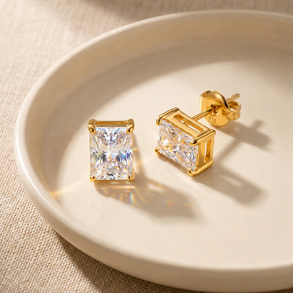 18K Vergoldete Edelstahl-Ohrstecker mit Smaragdschliff-Rechteck 5A Kubikzirkonia Minimalistischer Damenschmuck Geschenk