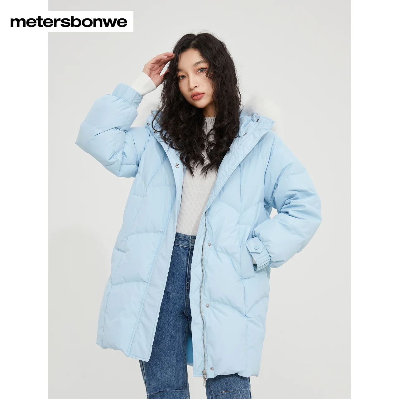 Metersbonwe-Chaqueta de plumón con capucha de longitud media para mujer, ropa gruesa y cálida, plumón de pato 80%, cuello de pelo de Marta,