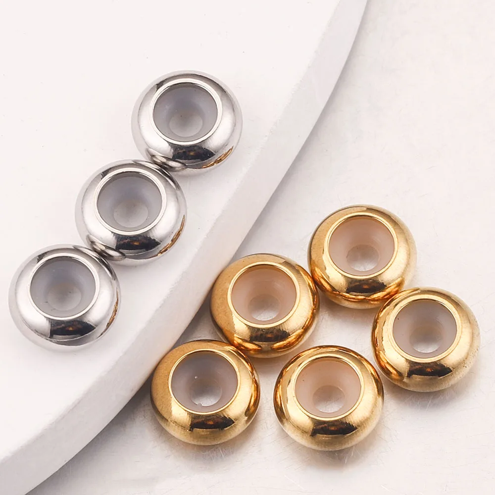 10pcs 4 6 8 10mm Gold-Plate Stainless Steel Silicone Spacer Stop Beads Big Hole Paracord Waist Bead for Jewelry Making Braclets