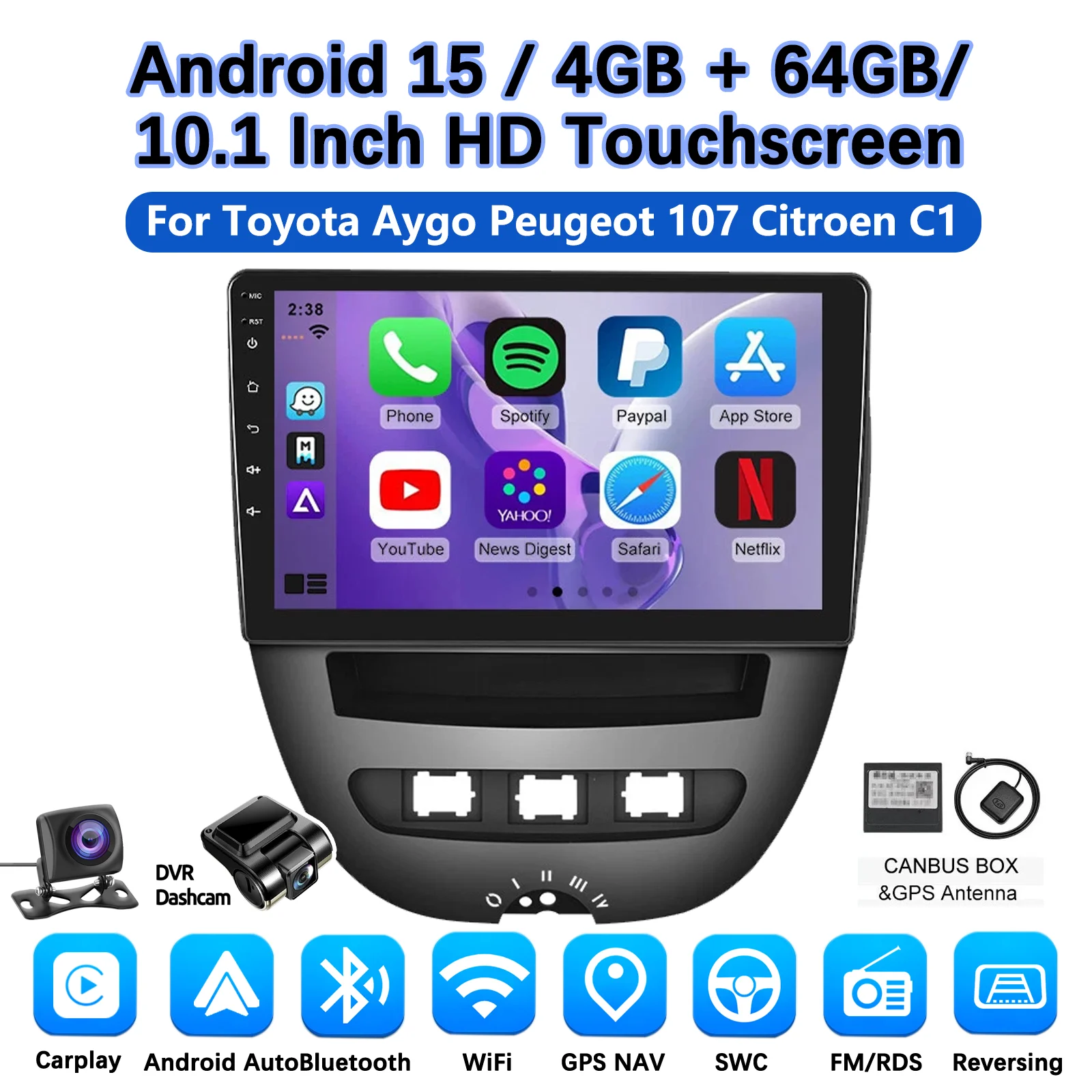 MOPECT 10'' Draadloze CarPlay Autoradio voor Toyota Aygo 2004-2014/PEUGEOT 107/Citroen C1 Android GPS Autoradio FM AM BT DAB+ DVR