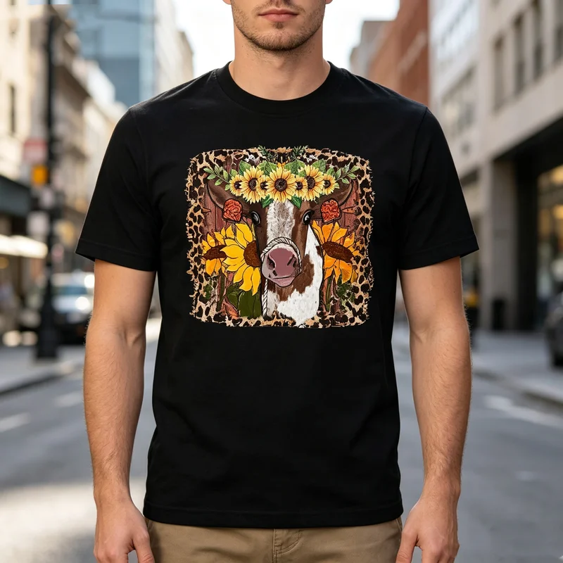 Cute Farm Animal T Shirt Highland Cow Sunflower Fall Graphic Print Soft 100%Cotton Crew Neck Top  Y2k Oversized T Shirt