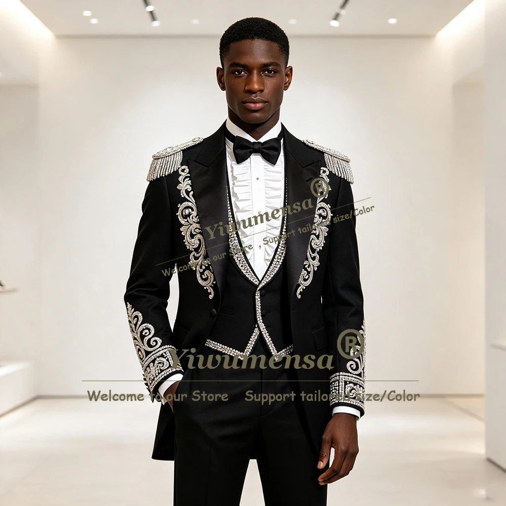 Exclusive Men's Suit For Wedding Beading Crystals Tassel Jacket Vest Pants 3 Piece Sets Groom Tuxedo Customized Terno Masculinos