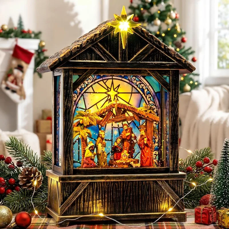 

Nativity Snow Globe Lantern with Music & Timer, USB/Battery Lighted Christmas Decor & Gift
