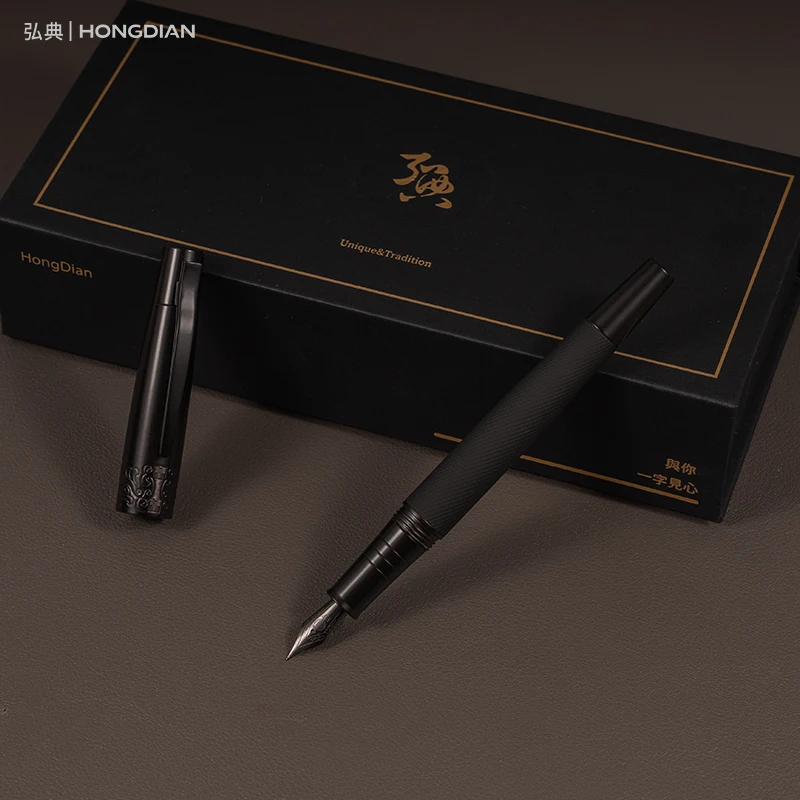 LT Hongdian 6013 Black Metal Fountain Pen Titanium Black Men\'s Business EF/F/ Curved Nib Rotating Pen Cap Office Gift Ink Pen