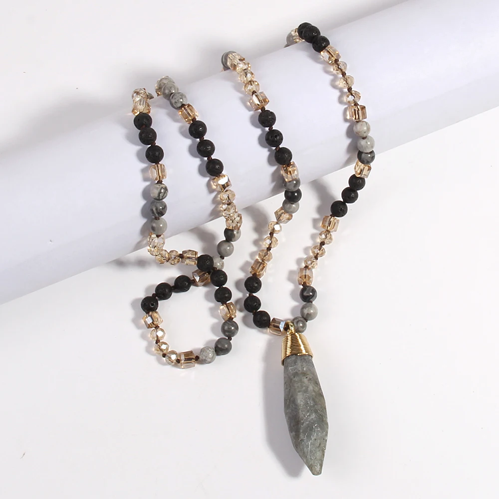 Fashion Boho Jewelry 6mm Natural Stones Crystal Glass Drop Pendant Necklaces Women Bohemia Necklace Gift