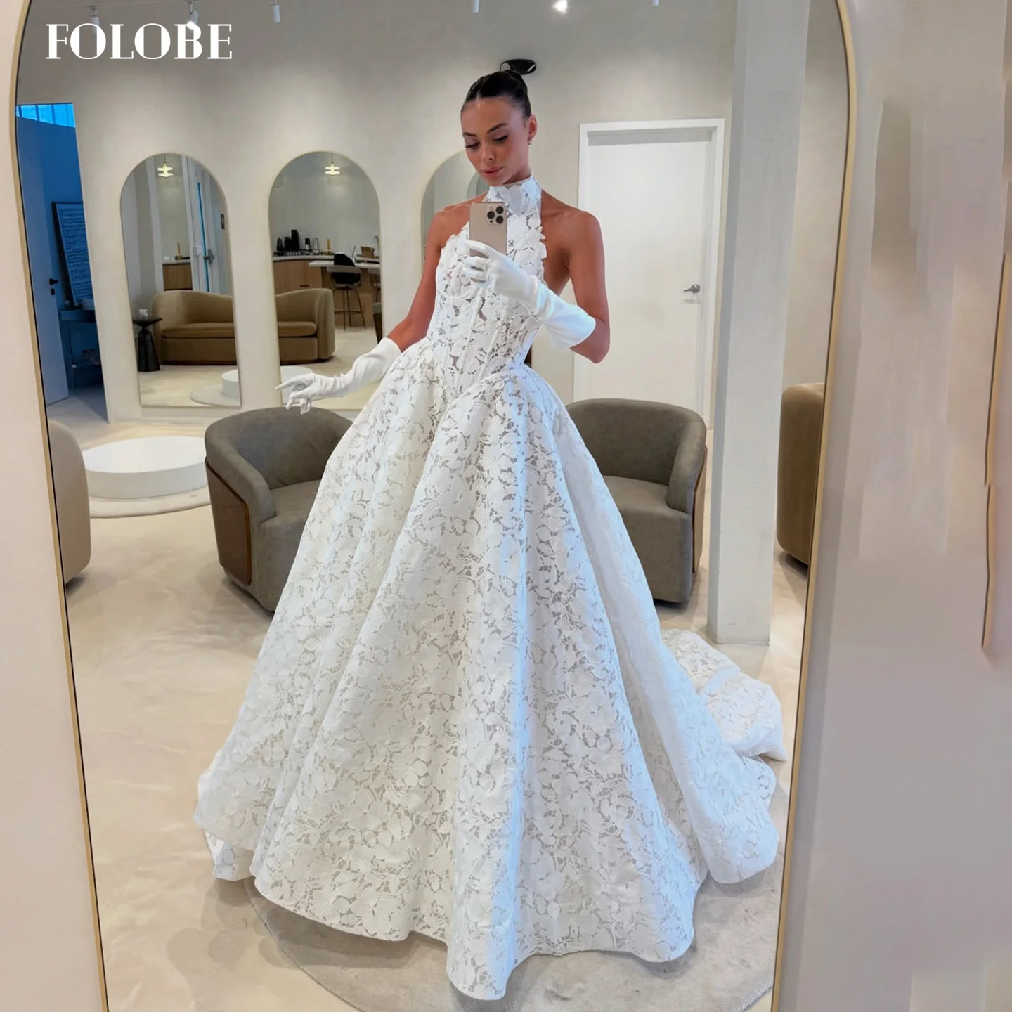 

FOLOBE Белые кружевные элегантные свадебные платья трапециевидной формы с свадебными платьями без рукавов из тюля Vestidos De Novia по индивидуальному заказу