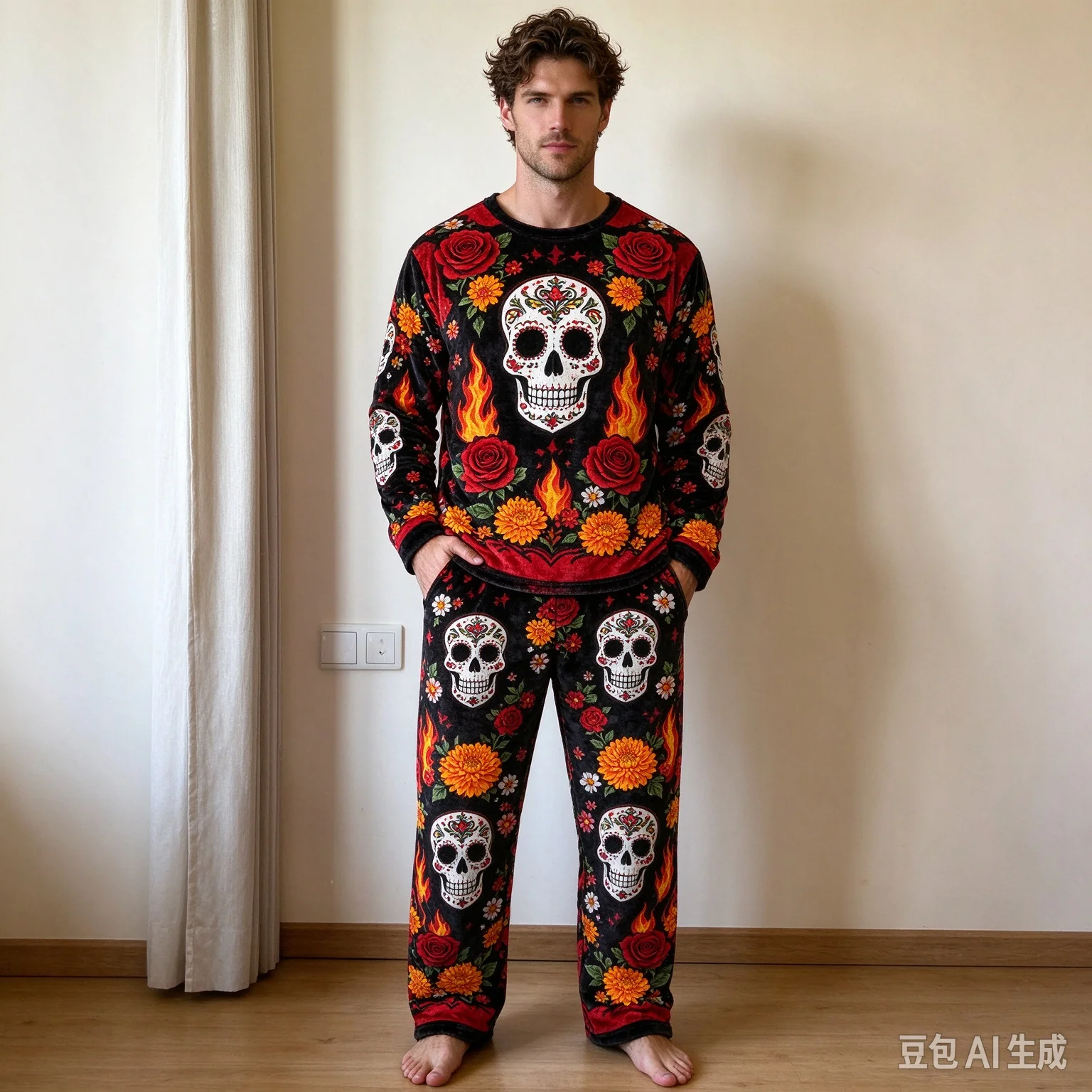 Day Of The Dead Style Flannel Pajama Set–Crew Neck Long Sleeve–For Men And Children Mexican Style [Printed Design-Not Textured]