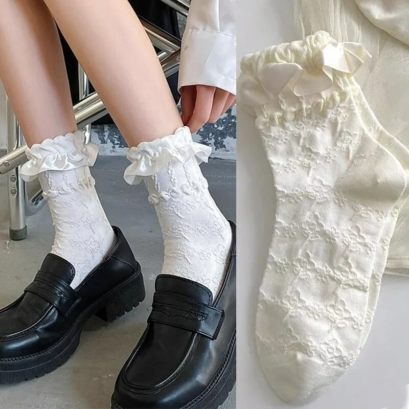 3Pairs Lolita Cute Ruffled Edge Socks Harajuku Bow Lace Japanese Jk College White Tube Socks Streetwear Hosiery Socks Kawaii