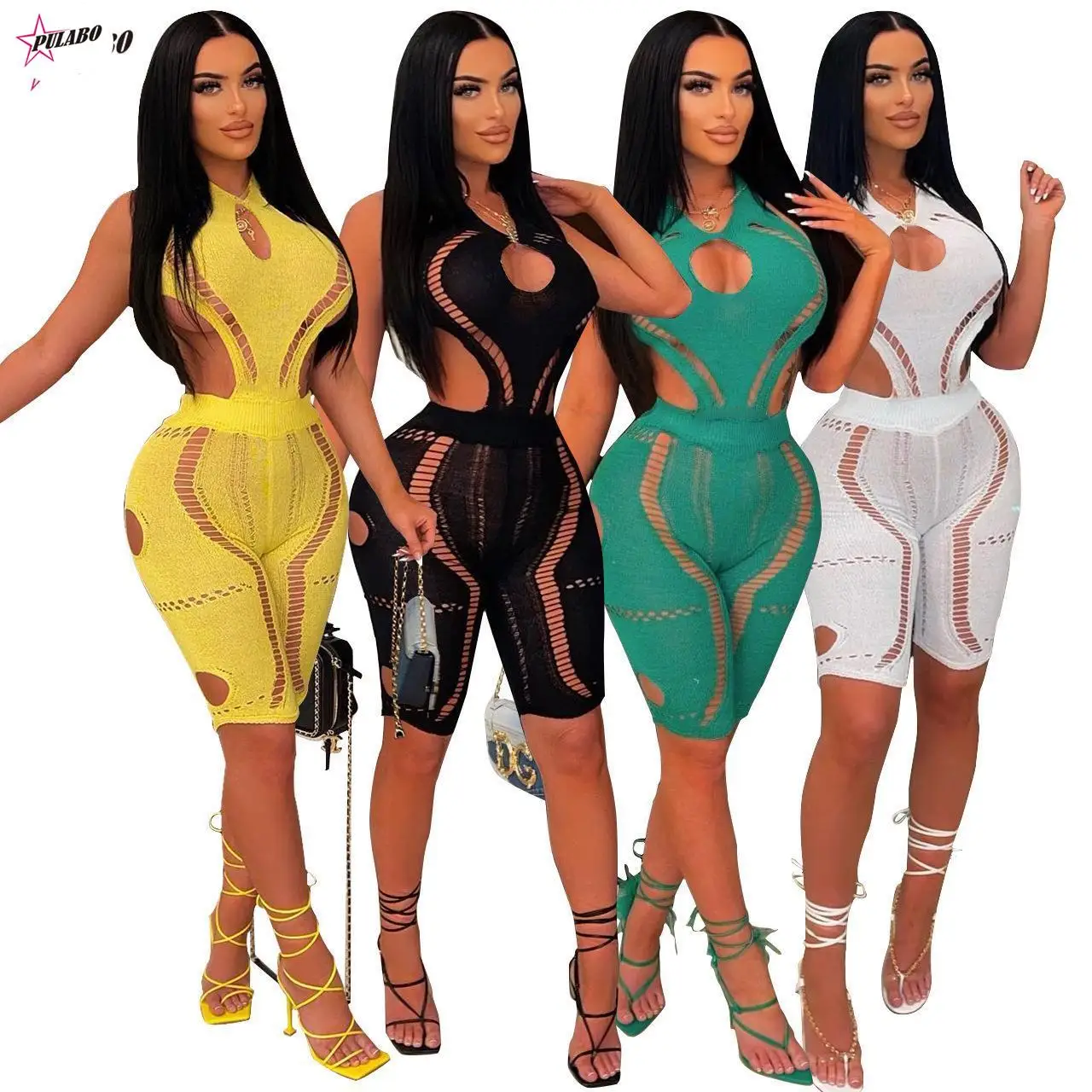 

PULABO Summer Woman Elegant Sexy Party Pleated Short Nightclub Knitted Sweater Hollow Out Jumpsuit For Women Bodysuit Overalls