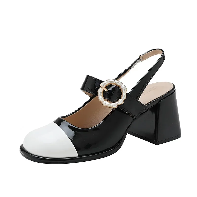 Small Size 31-43 Mary Jane Colorblock Chunky Heel Women Shoes Block High Heel Pumps
