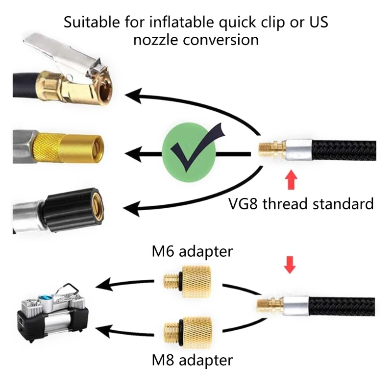 Car Tire Air Compressor Tube Tyre Hose with Adaptors Replacement Inflator Extension Hose Connection