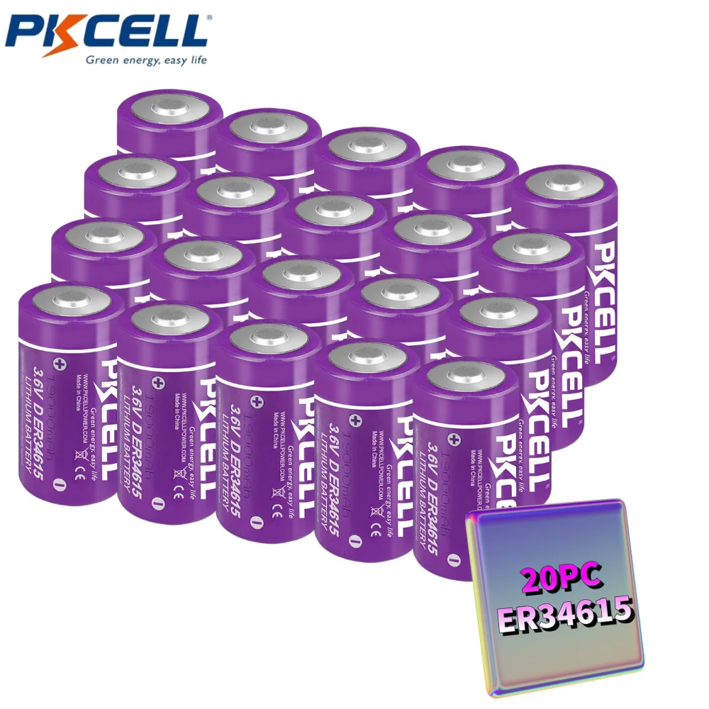 PKCELL 20PCS 3.6V ER34615 D Size Cell Battery High Capacity 19000mAh Li-SOCL2 Non-Rechargeable LS-33600 SB-D02 XL-205F Batteries