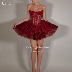 Qanz Burgundy Prom Dresses Women Sweetheart Lace Appliques Mini Robes De Cocktail Sleeveless Short Birthday Dresses Customized