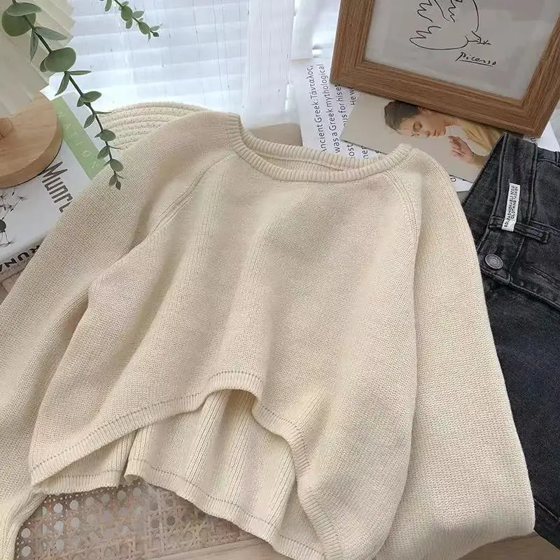 Women Cropped Sweater Vintage Streetwear casual warm preppy loose Knitting Pullovers solid chic Simple All match Jumpers