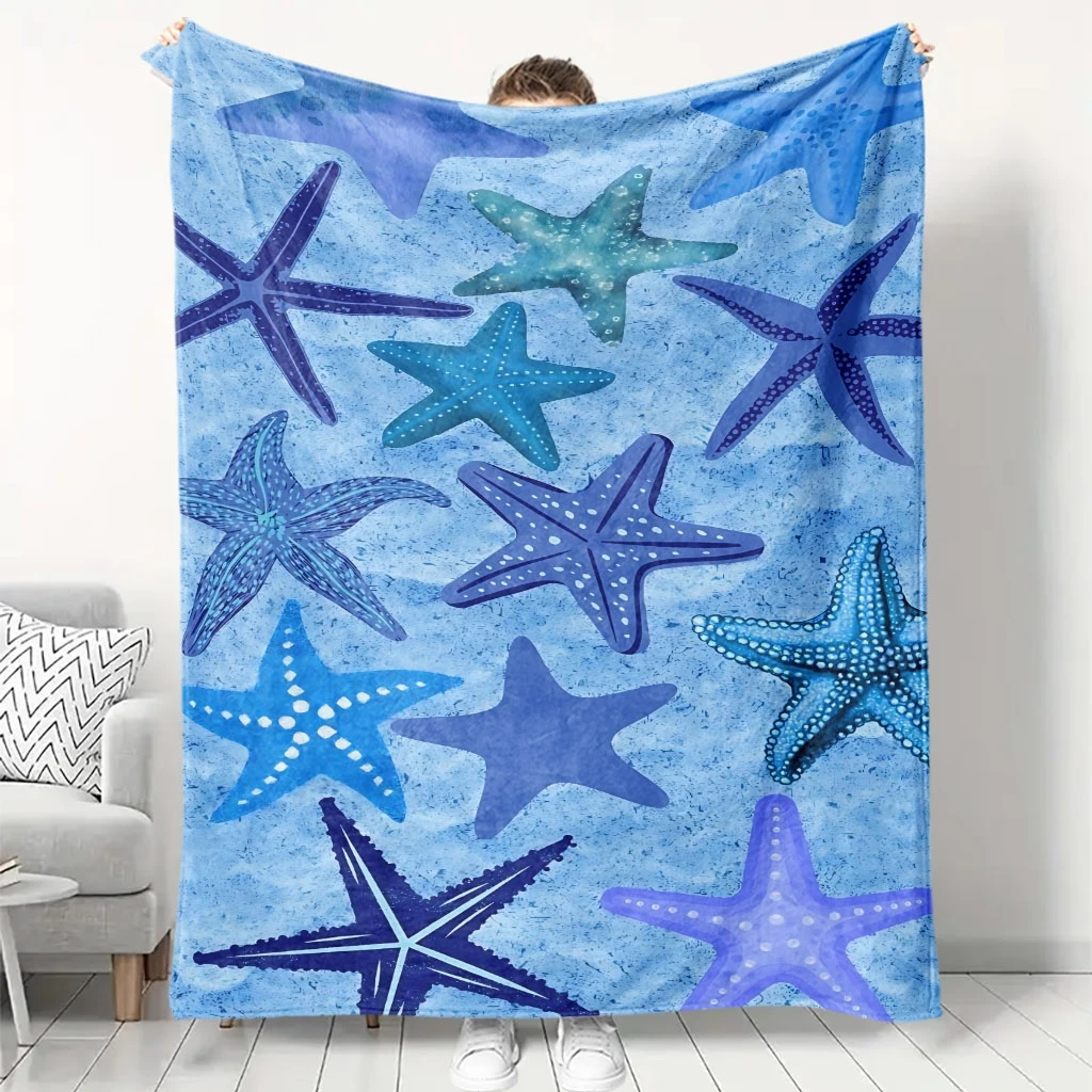 Multi Shade Blue Starfish Watercolor Light Blue Textured Base Flannel Throw Blanket, Soft Warm Sofa Cover, Coastal Bedroom Gift