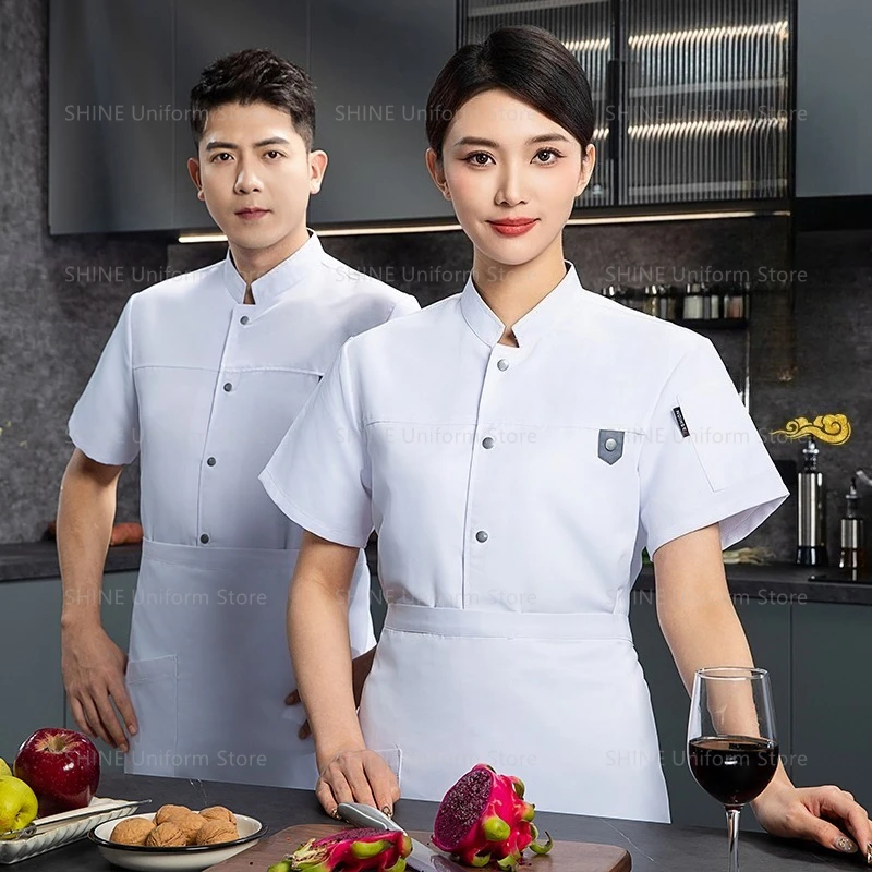 nero Uniforme da cuoco grembiule abiti da lavoro logo Pantaloncini da cuoco Giacca estiva da uomo a maniche corte Cappotto da cuoco traspirante Cucina del ristorante