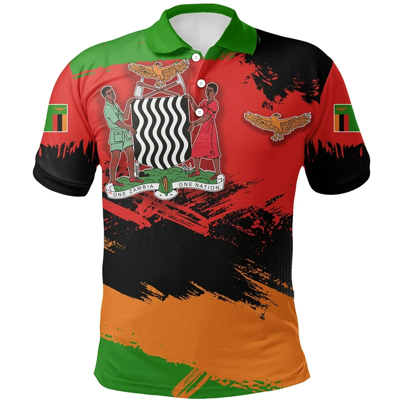 Zambia Flag Map 3D Print Polo Shirts For Men Clothes Africa Boy Short Sleeve POLO Shirt Coat Of Arms Jersey National Emblem Top