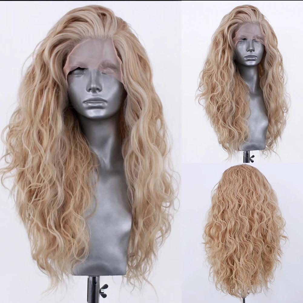 AIMEYA Long Wavy Blonde Synthetic Lace Front Wig for Women Fashion Style Lace Wigs Free Part Heat Resistant Fiber Wig Cosplay