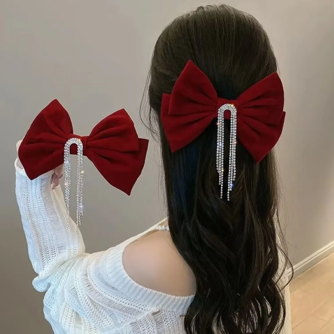 

Female Bow Velvet Hairpins Rhinestone Tassels Hair Clips Women Gils Luxulry Jewelry Spring Autumn New Headwear Accessories