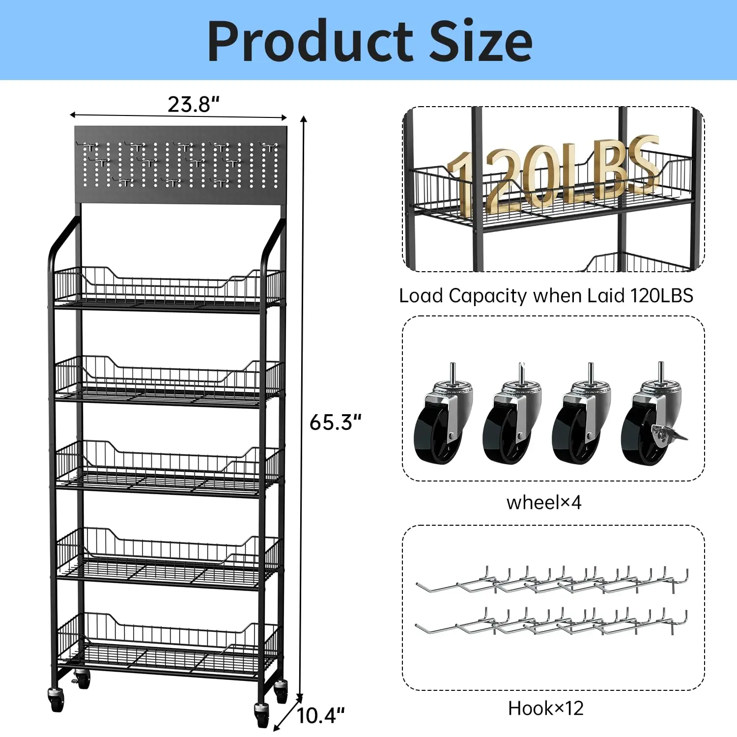 5 Tier Retail Display Rack, Snack Organizer Stand with Wheels & Hooks, Candy Potato Chip Metal Wire Display Shelf Cart