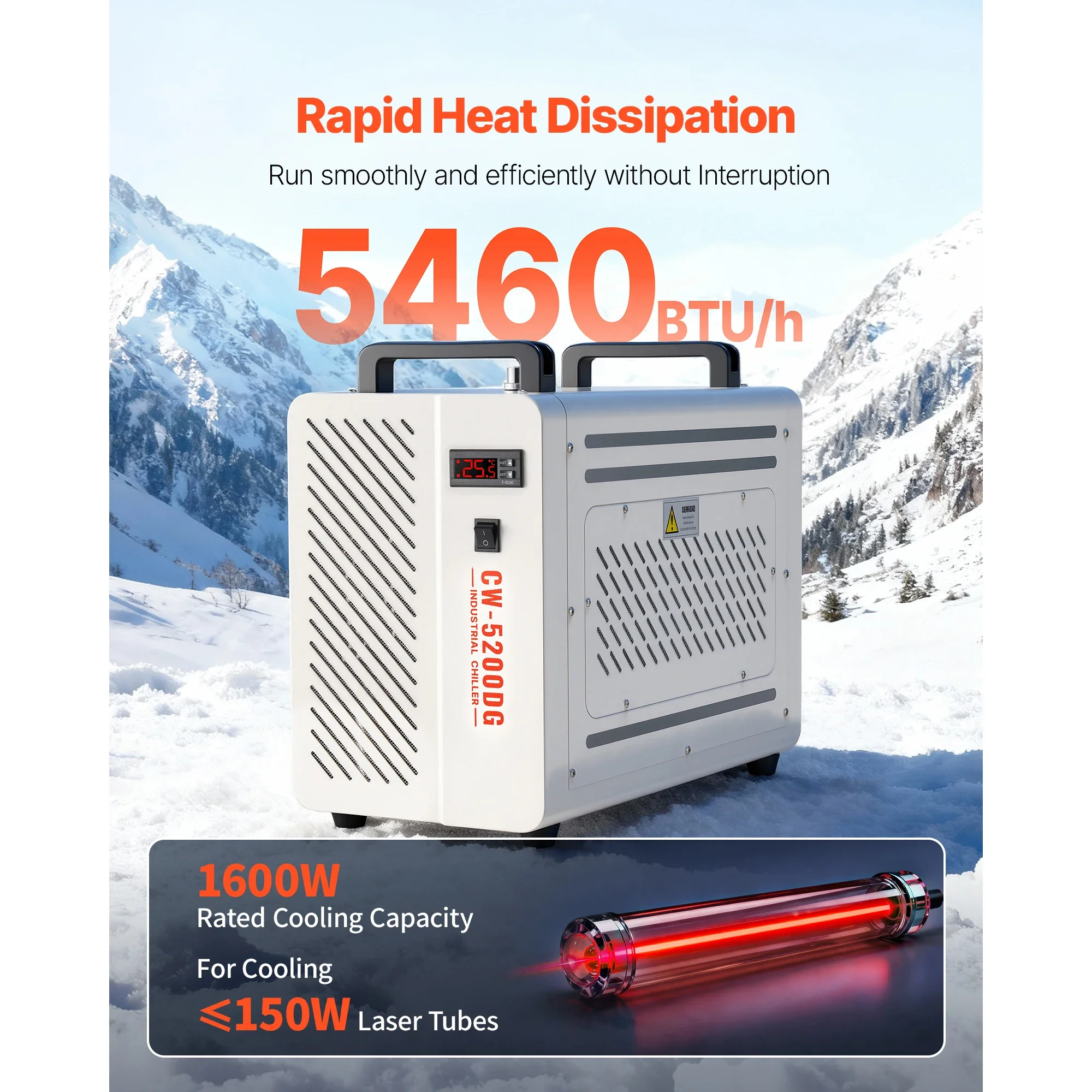 Industrial Water Chiller 5460BTU/h 1.8 Gal Tank Capacity 3.4 /4.2 GPM Max Flow for CO2 Laser Engraving &Cutting Machine
