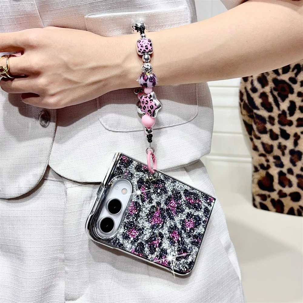 Y2K Cool Trendy Leopard Glitter Sparkling Phone Case for iPhone Ultra Fashion Electroplated Frame Bead Strap Protective Cover