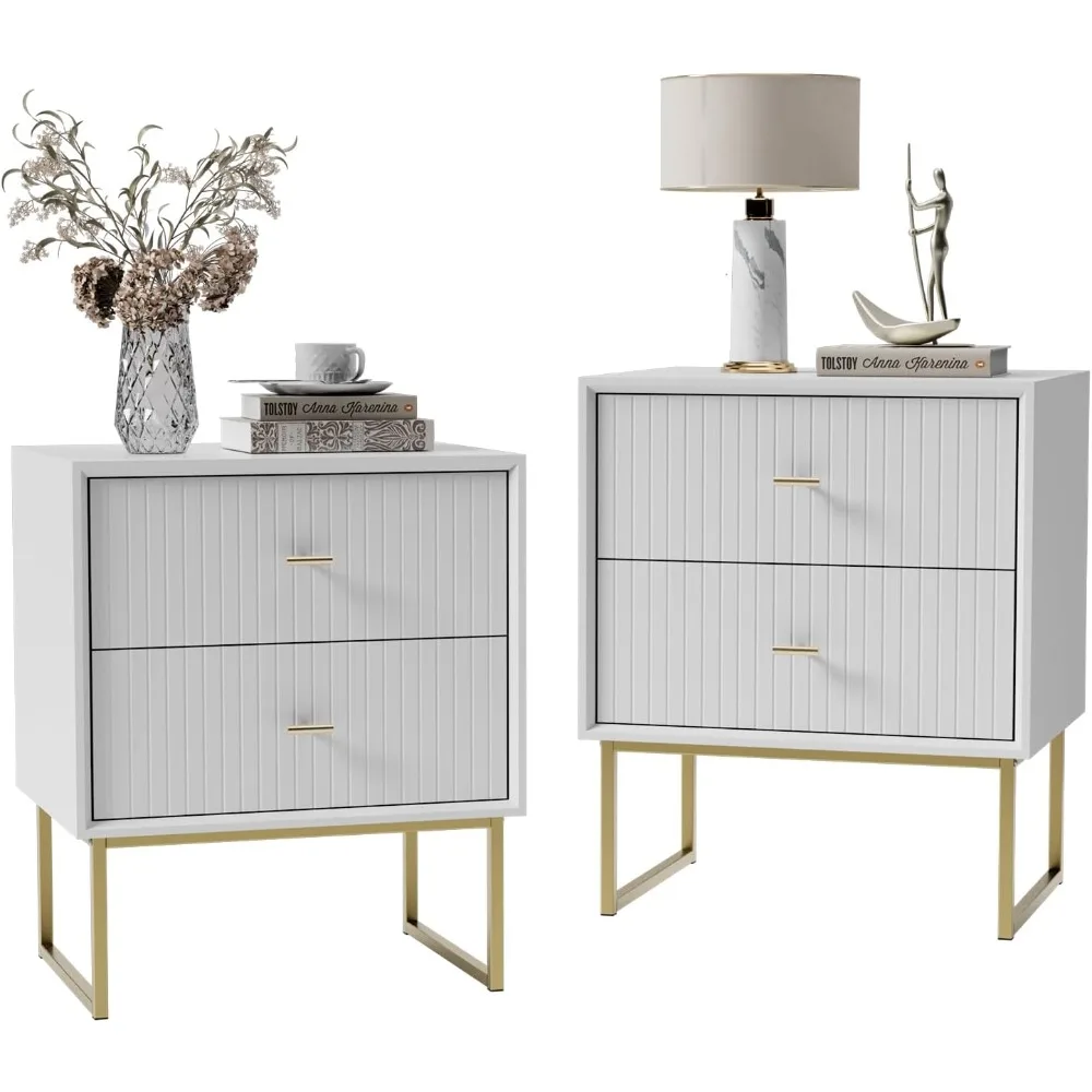 

White Nightstand Set of 2,Modern Grooved Stripes Bed Side Table with 2 Drawers,Wood End Table with Golden Metal Handles and