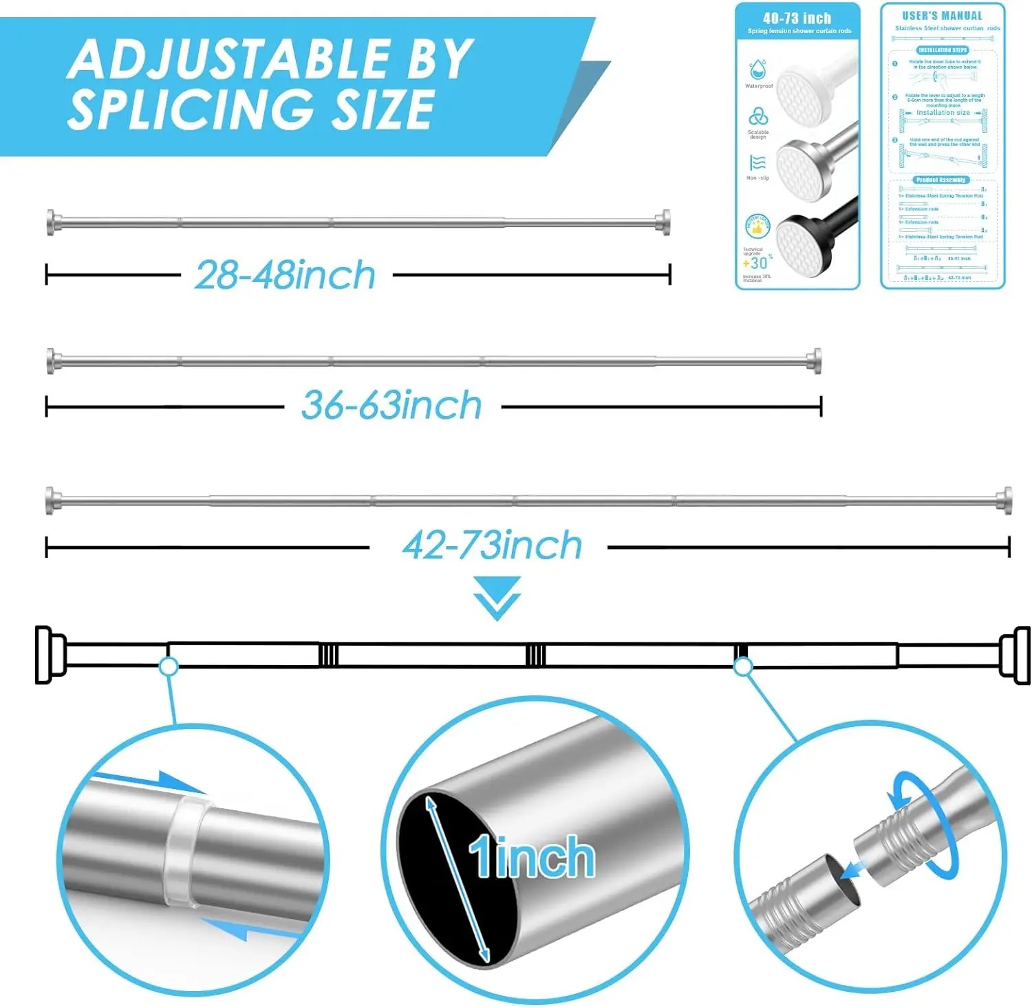 Shower Curtain Rod 42 to 73 Inches, Stainless Steel Shower Curtain Rods Spring Tension, Heavy Duty Tension Rod No Rust Shower Cu