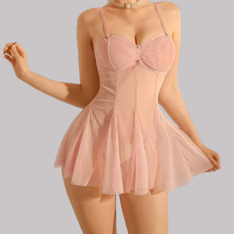 

Tornova Mesh Sexy Sleeping Skirt Slim Backless Solid Color Bow Knot Lace Up See-through Interesting Hollow Cute Romantic Pajamas