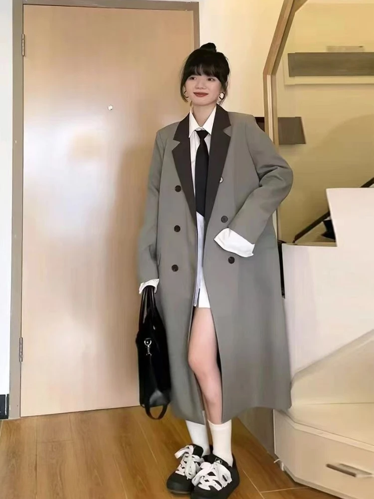 

Hot Sale New Arrival Women's Color Block Oversized Long Coat Korean Style Double Breasted Premium Business Casual Blazer