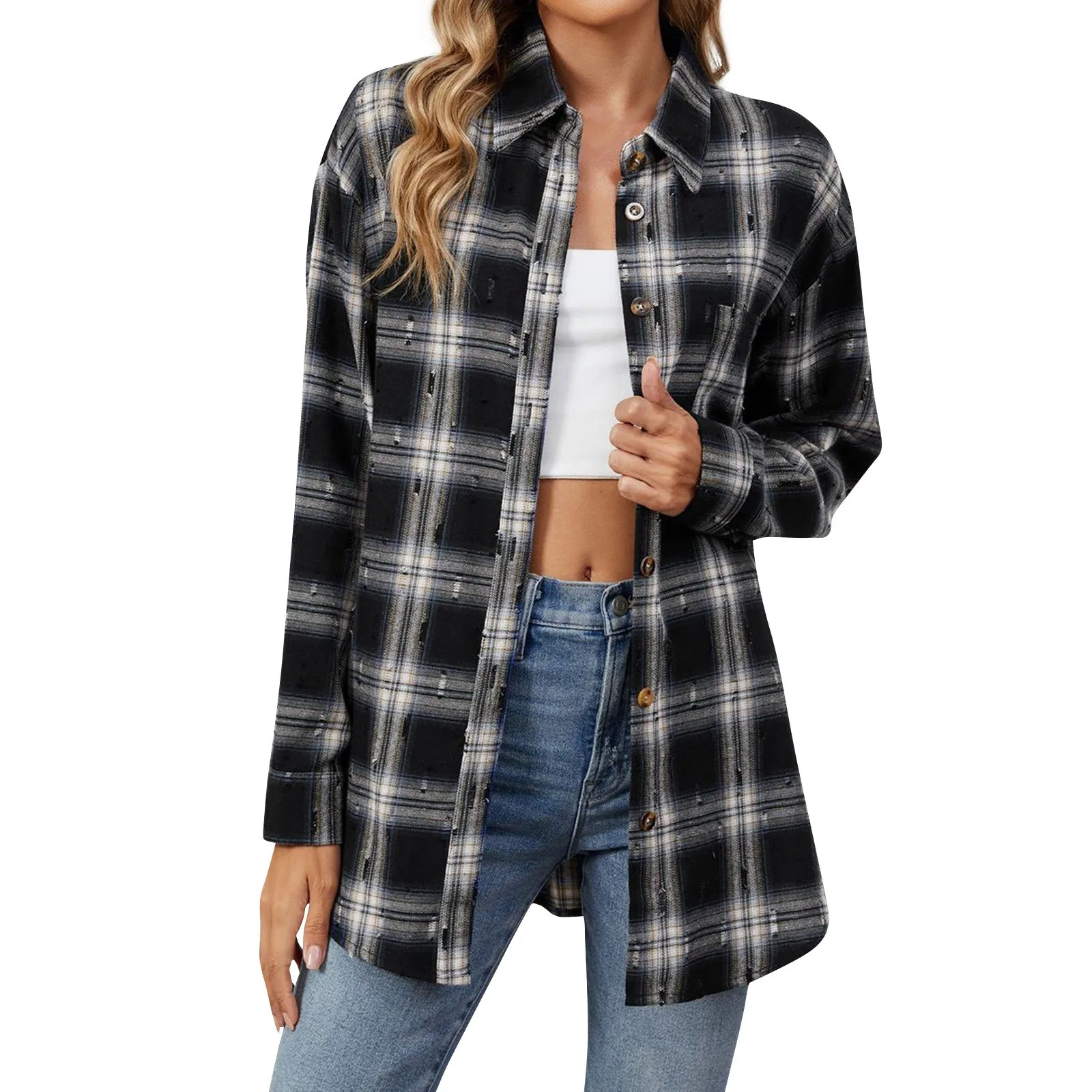 

Female Classic Style Fashionable Wide Plaid Printed Long Sleeved Loose Button Down Pocket Shirt Daily Versatile Cotton T-shirt