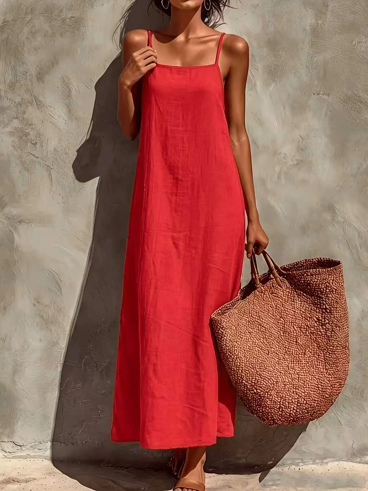 Damen Sommer Neues Französisches Leinen-Slip-Kleid, Retro Rotes Kleid mit Quadratischem Ausschnitt, Locker Geschnittenes Langes Kleid, Ausgewähltes Leinen mit Textur und Feuchtigkeitsregulierender Wirkung – Detail 1