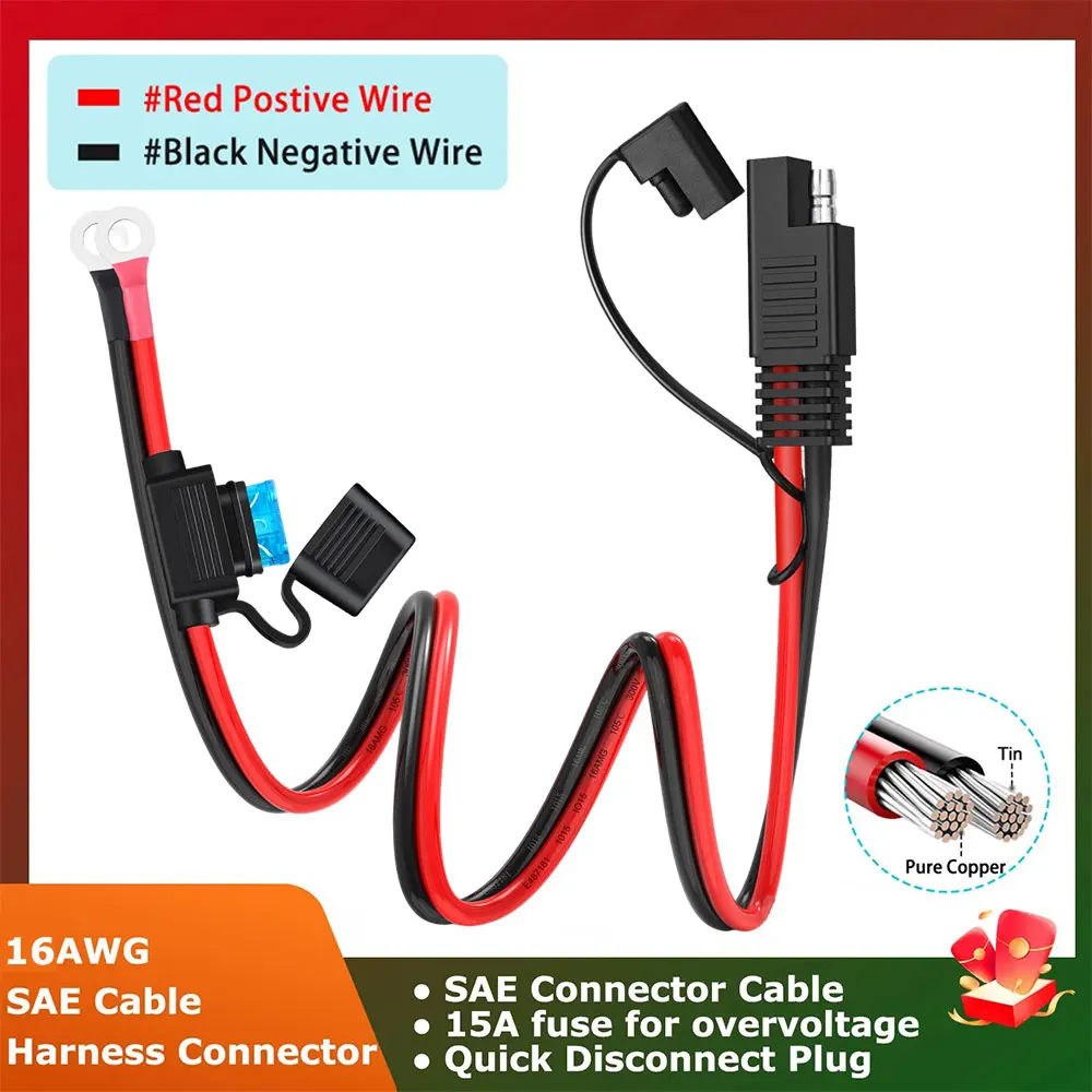 16AWG Terminal Quick Release SAE Cable With Fuse Terminal O Connector Battery Charger Extension Adapter Wire
