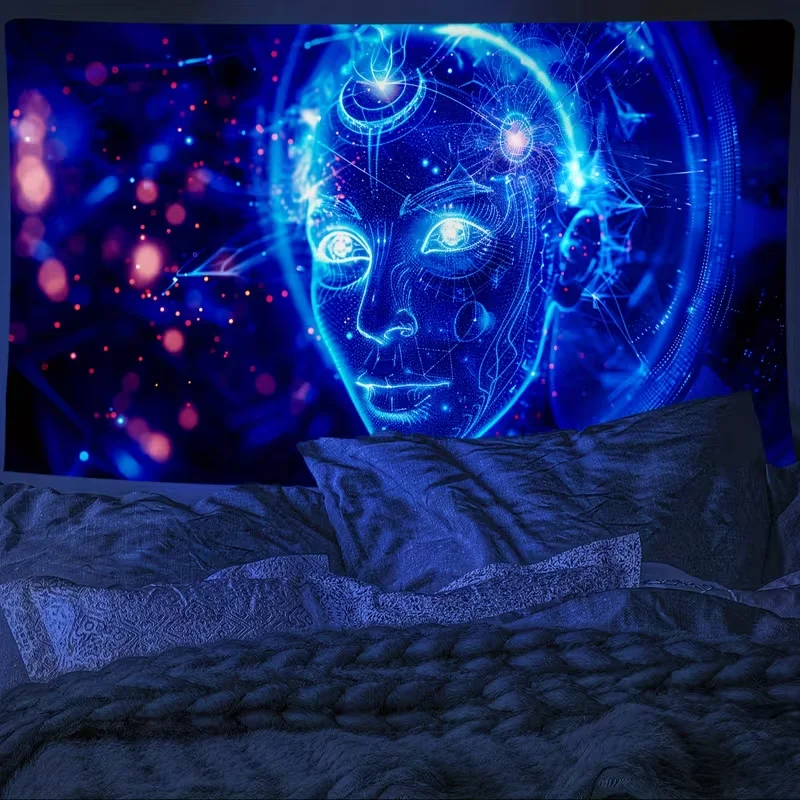 VIKAMA Neon Cyber AI Face Tapestry Neon Luminescent Technology Art Game Room Bedroom Wall Decoration Dormitory Tapestry