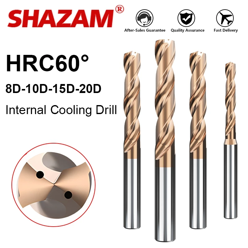 SHAZAM HRC60 8D-10D-12D-15D-20D Times Straight Shank Tungsten Steel Carbides Nano Coating Internal Cooling Drill For CNC Tools