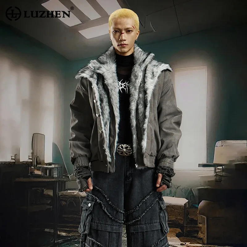 

LUZHEN Double Layer Fake Two Piece Design Personalized Fur Liner Warm Parka Coat Men 2025 Winter Thickened Street Jacket JY4934