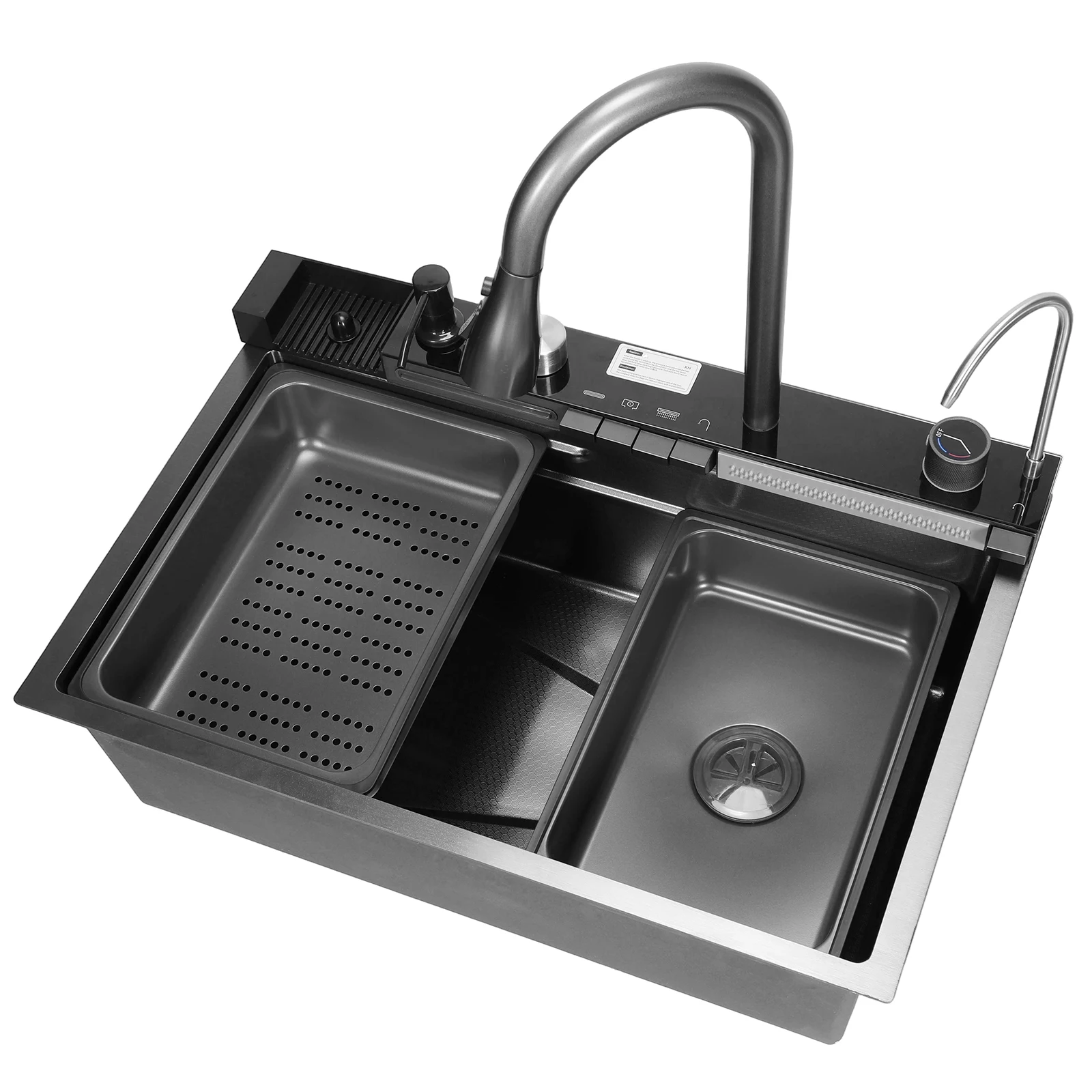 

Integrated Workstation Sink with Drain Basket Flying Rain Waterfall Sink with Pull-Out Swivel Faucet With Pressurized Cup Washer