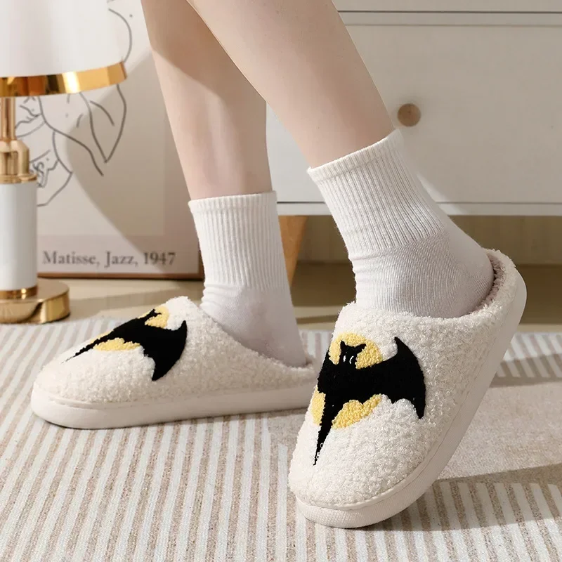 Halloween Bat Slippers Men Women Cartoon Plush Warm Winter Cotton Shoes Couple Fashion Home Flat Shoes Soft Comfortable