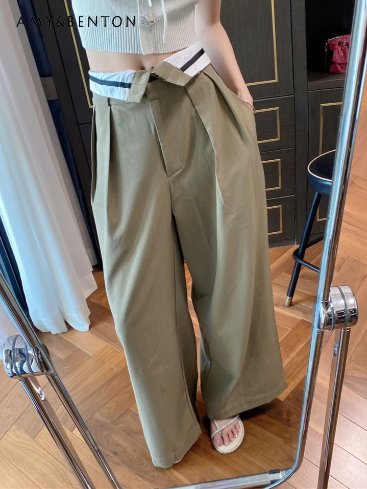 French Temperament Office Lady Suit Wide-leg Pants Fashion Flanged Patchwork Straight-leg Pants High Waist Casual Women Pants